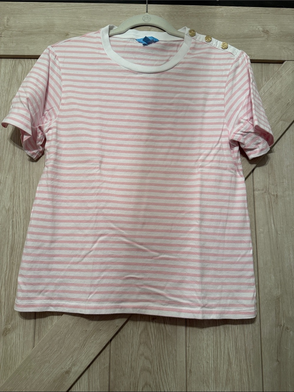 Draper James Pink & White Striped Short Sleeve Tee with Gold Buttons